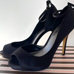 RSVP Michelle Black satin platform heels with ankle strap US 8.5